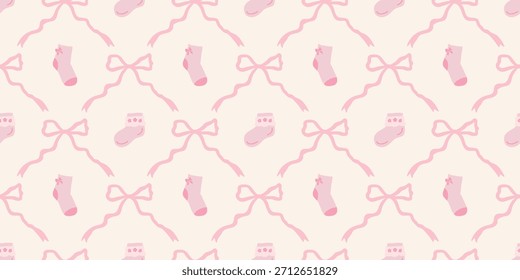 Cute Baby Socks Seamless Pattern with Bows. Coquette Nursery Background. Perfect for Kids Fabric, Wrapping Paper, Baby Shower Decor, Wallpaper
