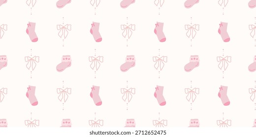 Lindo patrón de calcetines de bebé sin fisuras con lazos. Fondo del vivero de Coquette. Perfecto para la tela de los niños, papel de embalaje, decoración de la ducha del bebé, Fondo de pantalla
