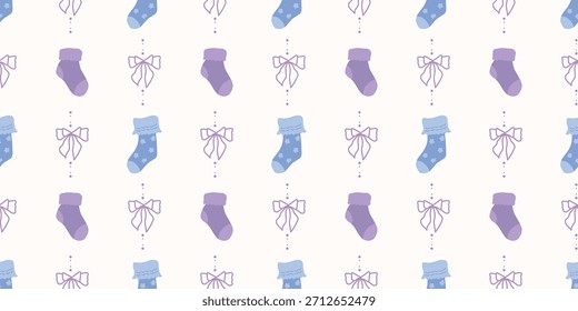Lindo patrón de calcetines de bebé sin fisuras con lazos. Fondo del vivero de Coquette. Perfecto para la tela de los niños, papel de embalaje, decoración de la ducha del bebé, Fondo de pantalla

