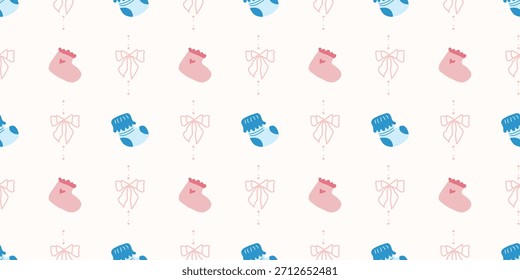 Lindo patrón de calcetines de bebé sin fisuras con lazos. Fondo del vivero de Coquette. Perfecto para la tela de los niños, papel de embalaje, decoración de la ducha del bebé, Fondo de pantalla
