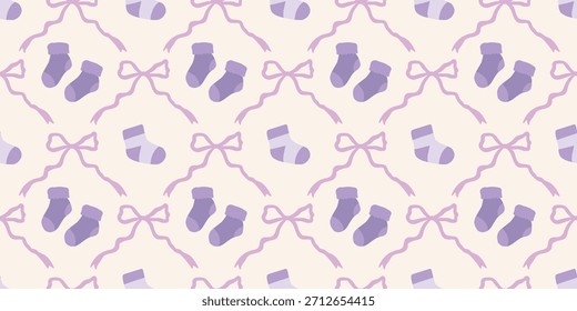 Nette Baby Socken Nahtloses Muster mit Bögen. Kokette Kindergarten Hintergrund. Perfekt für Kindergewebe, Umhüllungspapier, Babyduschdekor, Tapete
