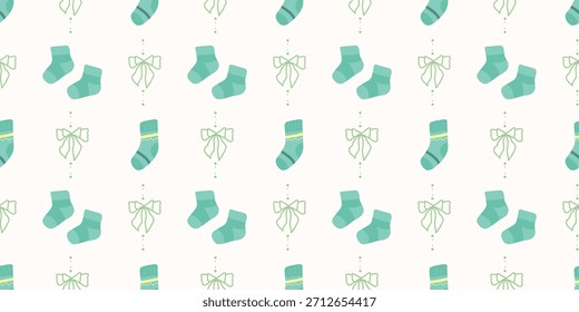 Nette Baby Socken Nahtloses Muster mit Bögen. Kokette Kindergarten Hintergrund. Perfekt für Kindergewebe, Umhüllungspapier, Babyduschdekor, Tapete
