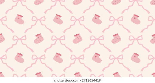 Lindo patrón de calcetines de bebé sin fisuras con lazos. Fondo del vivero de Coquette. Perfecto para la tela de los niños, papel de embalaje, decoración de la ducha del bebé, Fondo de pantalla
