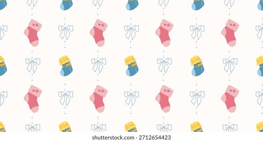Lindo patrón de calcetines de bebé sin fisuras con lazos. Fondo del vivero de Coquette. Perfecto para la tela de los niños, papel de embalaje, decoración de la ducha del bebé, Fondo de pantalla
