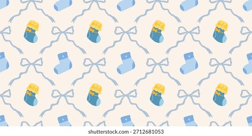 Lindo patrón de calcetines de bebé sin fisuras con lazos. Fondo del vivero de Coquette. Perfecto para la tela de los niños, papel de embalaje, decoración de la ducha del bebé, Fondo de pantalla
