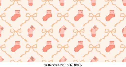 Lindo patrón de calcetines de bebé sin fisuras con lazos. Fondo del vivero de Coquette. Perfecto para la tela de los niños, papel de embalaje, decoración de la ducha del bebé, Fondo de pantalla
