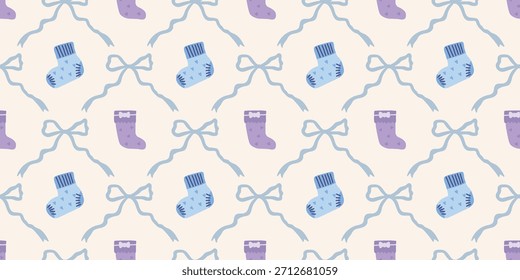 Cute Baby Socks Seamless Pattern with Bows. Coquette Nursery Background. Perfect for Kids Fabric, Wrapping Paper, Baby Shower Decor, Wallpaper

