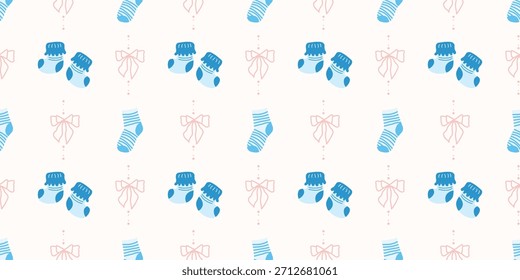 Lindo patrón de calcetines de bebé sin fisuras con lazos. Fondo del vivero de Coquette. Perfecto para la tela de los niños, papel de embalaje, decoración de la ducha del bebé, Fondo de pantalla
