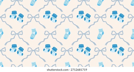 Lindo patrón de calcetines de bebé sin fisuras con lazos. Fondo del vivero de Coquette. Perfecto para la tela de los niños, papel de embalaje, decoración de la ducha del bebé, Fondo de pantalla
