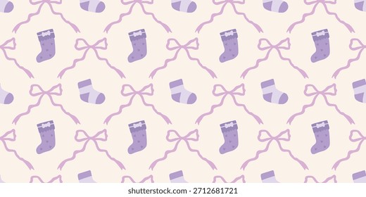 Lindo patrón de calcetines de bebé sin fisuras con lazos. Fondo del vivero de Coquette. Perfecto para la tela de los niños, papel de embalaje, decoración de la ducha del bebé, Fondo de pantalla
