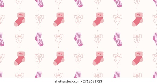 Nette Baby Socken Nahtloses Muster mit Bögen. Kokette Kindergarten Hintergrund. Perfekt für Kindergewebe, Umhüllungspapier, Babyduschdekor, Tapete
