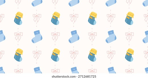 Lindo patrón de calcetines de bebé sin fisuras con lazos. Fondo del vivero de Coquette. Perfecto para la tela de los niños, papel de embalaje, decoración de la ducha del bebé, Fondo de pantalla
