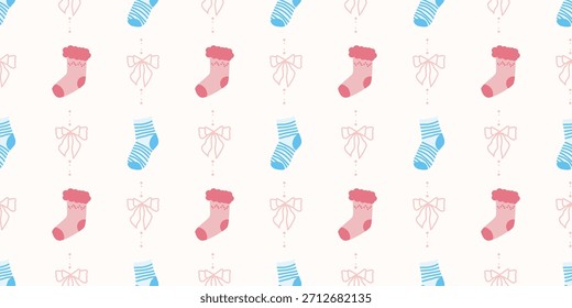 Lindo patrón de calcetines de bebé sin fisuras con lazos. Fondo del vivero de Coquette. Perfecto para la tela de los niños, papel de embalaje, decoración de la ducha del bebé, Fondo de pantalla
