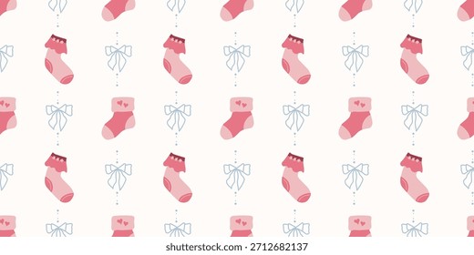 Lindo patrón de calcetines de bebé sin fisuras con lazos. Fondo del vivero de Coquette. Perfecto para la tela de los niños, papel de embalaje, decoración de la ducha del bebé, Fondo de pantalla

