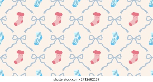 Lindo patrón de calcetines de bebé sin fisuras con lazos. Fondo del vivero de Coquette. Perfecto para la tela de los niños, papel de embalaje, decoración de la ducha del bebé, Fondo de pantalla
