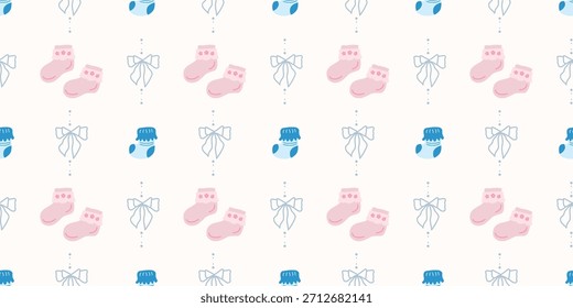 Nette Baby Socken Nahtloses Muster mit Bögen. Kokette Kindergarten Hintergrund. Perfekt für Kindergewebe, Umhüllungspapier, Babyduschdekor, Tapete
