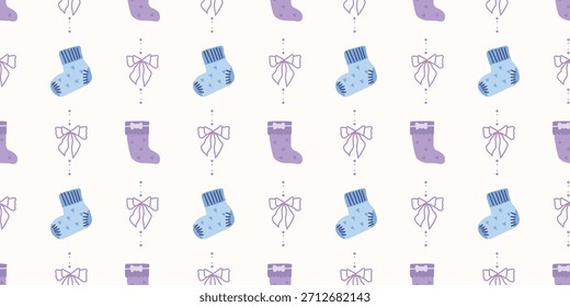 Nette Baby Socken Nahtloses Muster mit Bögen. Kokette Kindergarten Hintergrund. Perfekt für Kindergewebe, Umhüllungspapier, Babyduschdekor, Tapete
