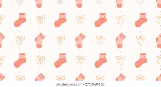 Lindo patrón de calcetines de bebé sin fisuras con lazos. Fondo del vivero de Coquette. Perfecto para la tela de los niños, papel de embalaje, decoración de la ducha del bebé, Fondo de pantalla
