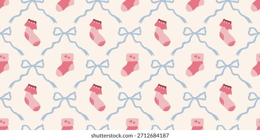 Lindo patrón de calcetines de bebé sin fisuras con lazos. Fondo del vivero de Coquette. Perfecto para la tela de los niños, papel de embalaje, decoración de la ducha del bebé, Fondo de pantalla
