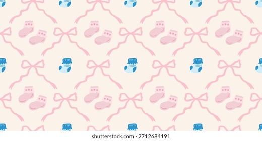Lindo patrón de calcetines de bebé sin fisuras con lazos. Fondo del vivero de Coquette. Perfecto para la tela de los niños, papel de embalaje, decoración de la ducha del bebé, Fondo de pantalla
