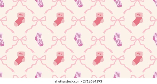 Lindo patrón de calcetines de bebé sin fisuras con lazos. Fondo del vivero de Coquette. Perfecto para la tela de los niños, papel de embalaje, decoración de la ducha del bebé, Fondo de pantalla
