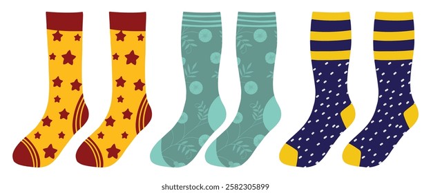 Cute baby socks vector illustration. Collection of colorful socks icons with different ornaments isolated on white background. Funny socks for kids. Christmas hanging socks. Autumn and winter new sock