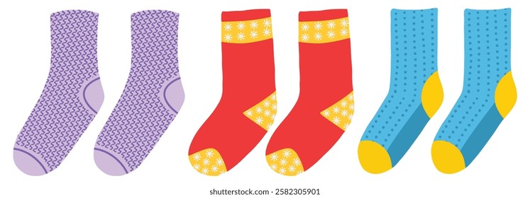 Cute baby socks vector illustration. Collection of colorful socks icons with different ornaments isolated on white background. Funny socks for kids. Christmas hanging socks. Autumn and winter new sock