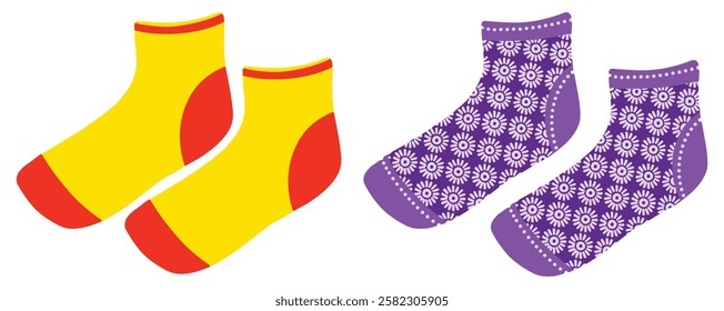 Cute baby socks vector illustration. Collection of colorful socks icons with different ornaments isolated on white background. Funny socks for kids. Christmas hanging socks. Autumn and winter new sock