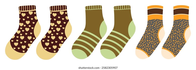 Cute baby socks vector illustration. Collection of colorful socks icons with different ornaments isolated on white background. Funny socks for kids. Christmas hanging socks. Autumn and winter new sock