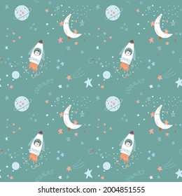 Cute baby space theme pattern with stars, spaceship, moon, planets. Vector illustration on dark green background. Good for baby nursery, clothes, baby shower decor, books, games.