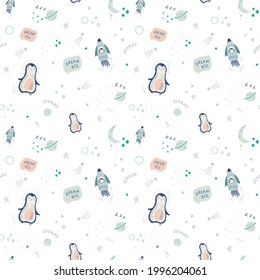 Cute baby space vector seamless pattern with penguins, stars, rockets and planets. Vector illustration in simple hand drawn Scandinavian style. Best for baby nursery, clothes, baby shower decor.
