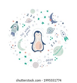 Cute baby space vector set with penguins, stars and planets. Vector cartoon characters in simple hand drawn Scandinavian style. Good for decorating nursery, printing on baby clothes, baby shower decor