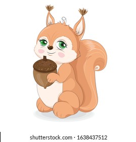 Cute baby squirrel and acorn. Picture in hand drawing cartoon style, for t-shirt wear fashion print design, greeting card, postcard. baby shower. party invitation.