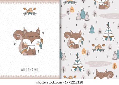 Cute baby squirrel. Cartoon Tribal 
 forest animal character. Kids card print template and seamless background pattern. Hand drawn surface design vector illustration. 