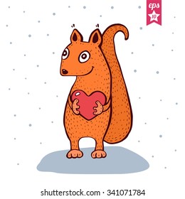 Cute Baby Squirrel with heart in hands. Hand Drawn vector illustration. Funny Colorful Vector illustration, Cartoon style. 