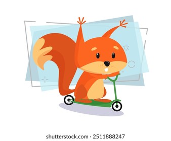 Lindo bebé ardilla montando scooter. Personaje de dibujos animados, animal, estilo de vida activo. Puede ser utilizado para temas como la actividad de ocio, vacaciones