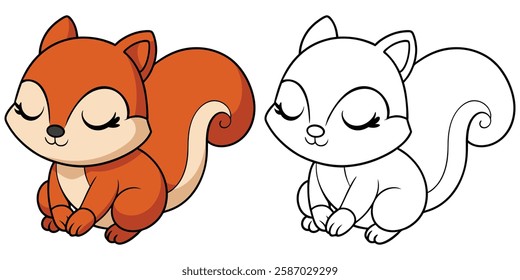 Cute Baby Squirrel Sleeping Cartoon Isolated Coloring Book For Kids Printable Outline Vector