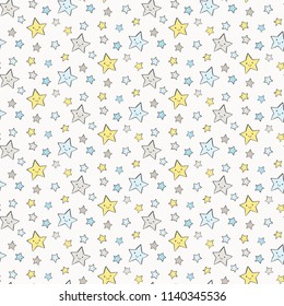 Cute baby star pattern with smiling stars. Vector seamless night sky background in pastel colors.