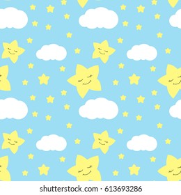 Cute baby star pattern vector seamless. Boy print with eyelash stars and clouds. Good night background for children birthday card, bed pillow fabric or wallpaper, baby shower invitation template.