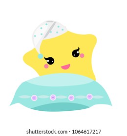 Cute baby star with pillow in hight hat. vector illustration for nursery design. Good night, sweet dreams concept