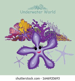 Cute baby starfish and coral reef. Underwater world print for children's wear, greeting cards, menu, wallpaper, decoration. Vector Illustration