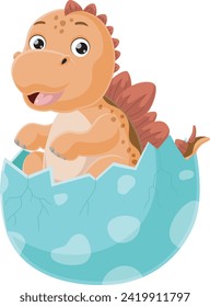 Cute baby stegosaurus cartoon hatching from egg