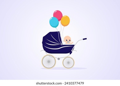 Cute baby in stroller with balloon cartoon vector illustration