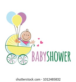 Cute baby in the stroller with balloons cartoon character vector illustration. Can be used for logo and baby shower celebration invitation and greeting card. 