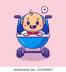 Cute Baby In Stroller Cartoon Vector Icon Illustration. People Family Icon Concept Isolated Premium Vector. Flat Cartoon Style