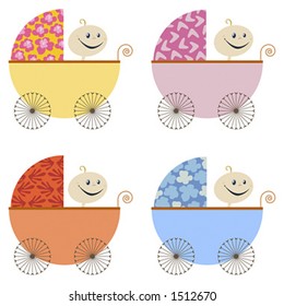 Cute baby in a baby stroller. The stroller comes in four designs for both boys and girls.