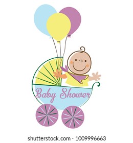 Cute baby in stroller flying with balloons. Baby shower vector illustration design.