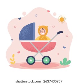 Cute baby in stroller – vector illustration, baby carriage, newborn concept