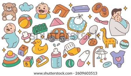 Cute Baby Stuff Doodle Collection – Hand Drawn Vector Set of Baby Toys and Essentials