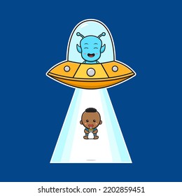 Cute baby sucked in by alien ufo cartoon icon illustration. Design isolated flat cartoon style